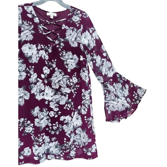 Boho Purple Floral V-Neck Shift Dress M Bell Sleeves Hippie Festival Style - Picture 7 of 14